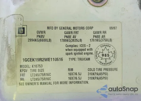 1998 Chevrolet K1500 Fleetside/Silverado Fleetside/Sportside z USA, uszkodzony, nr VIN 1GCEK19R2WE110616